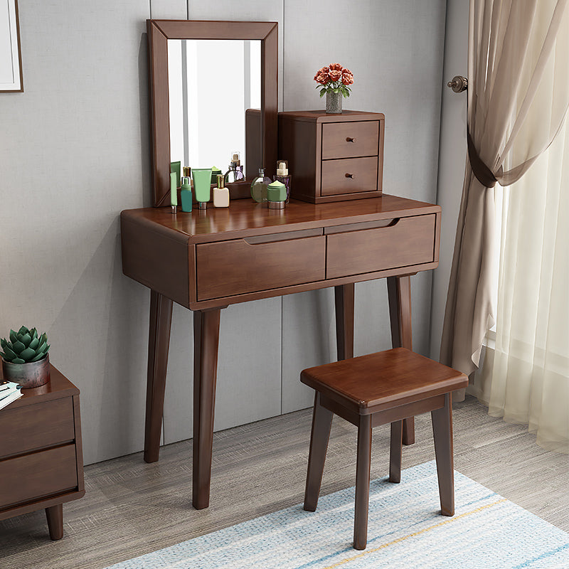 Mirrored Wood Makeup Dressing Table Stool Set with 4 Drawers Makeup Vanity & Mirror & Stools Walnut Clearhalo 'Bedroom Furniture' 'furn' 'furn_makeup_vanities' 'Furniture' 'Makeup Vanities' 'makeup_vanities' 5754468