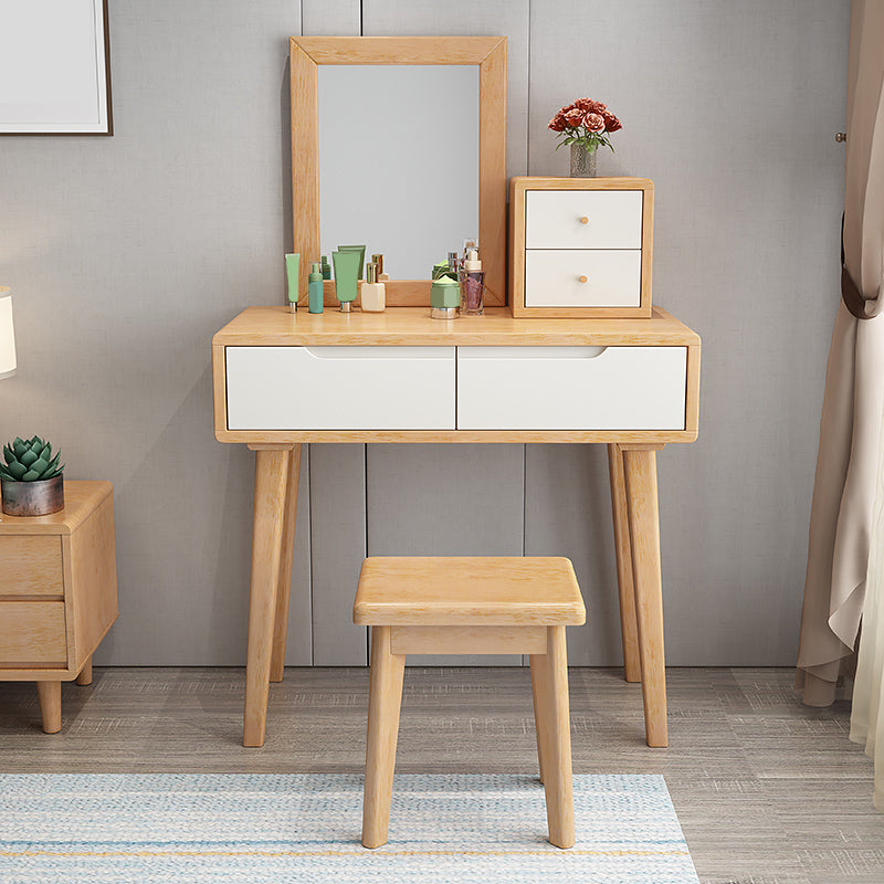 Mirrored Wood Makeup Dressing Table Stool Set with 4 Drawers Makeup Vanity & Mirror & Stools Natural Wood White Clearhalo 'Bedroom Furniture' 'furn' 'furn_makeup_vanities' 'Furniture' 'Makeup Vanities' 'makeup_vanities' 5754470