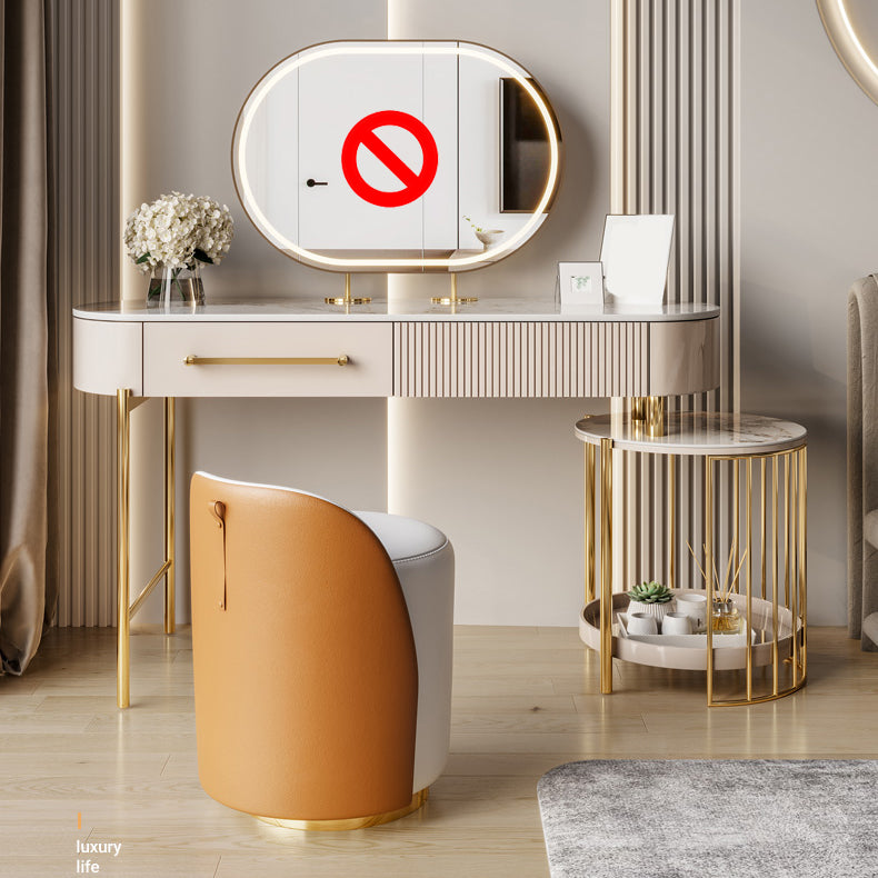 Luxuriöser Metallwaschtisch mit gepolstertem Hocker in Beige Eitelkeit