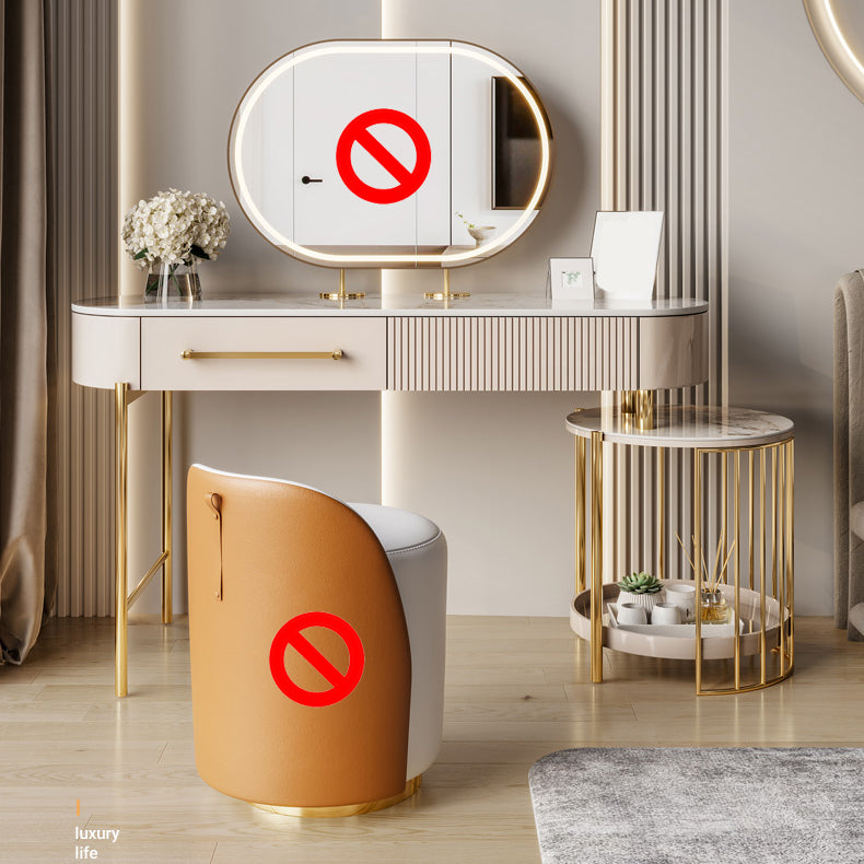 Luxuriöser Metallwaschtisch mit gepolstertem Hocker in Beige Eitelkeit