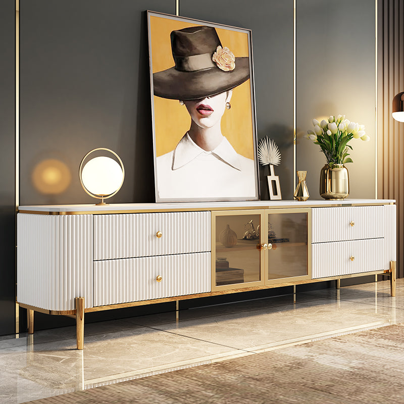 Glam White Stone Top TV Stand 4-Drawer TV Console with Stainless Steel Frame Glass Door Clearhalo 'furn' 'furn_tv_stands_entertainment_centers' 'Furniture' 'Living Room Furniture' 'TV Stands & Entertainment Centers' 'TV Stands & Media Storage Furniture' 'tv_stands_entertainment_centers' 5755076