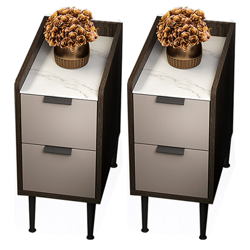 Espresso Wood and Off-White Night Table Modern Stone and Pearl Wood Bedside Cabinet 9.8"L x 15.7"W x 20.8"H Brown 2 Piece Set Clearhalo 'Bedroom Furniture' 'furn' 'furn_night_stand' 'Furniture' 'night_stand' 'Nightstands' 5755217