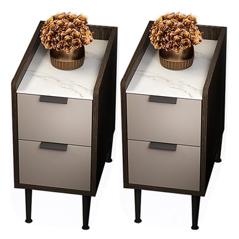 Espresso Wood and Off-White Night Table Modern Stone and Pearl Wood Bedside Cabinet 11.8"L x 15.7"W x 20.8"H Brown 2 Piece Set Clearhalo 'Bedroom Furniture' 'furn' 'furn_night_stand' 'Furniture' 'night_stand' 'Nightstands' 5755219