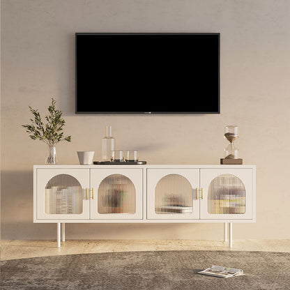 Support TV industriel 4 portes, console TV en métal et verre