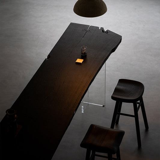 Zwarte as houttafel tafel met acrylbasis moderne pubtafel met dubbele voetstuk