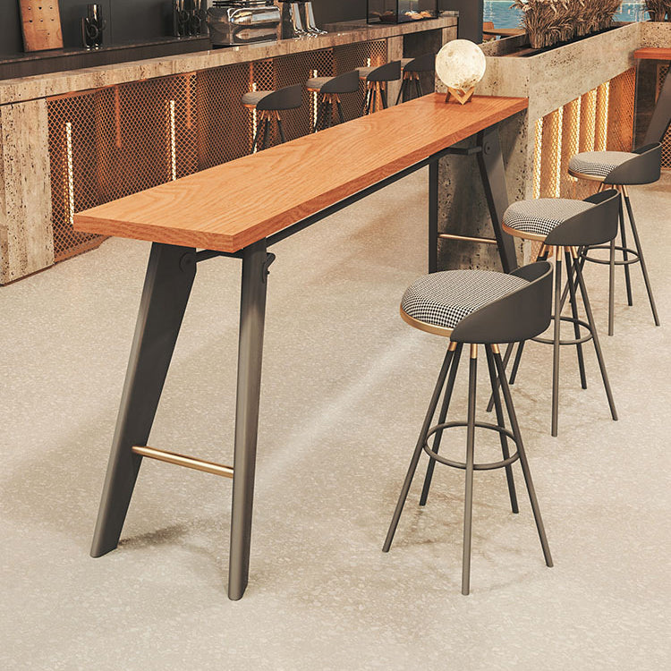 Solid Wood Top Bistro Table Glam Style Metal Frame Pub Table 70.9"L x 15.7"W x 41.3"H Light Brown Without Chairs Clearhalo 'Bar Furniture' 'Bar Tables' 'bar_tables' 'furn' 'furn_bar_tables' 'Furniture' 'Kitchen & Dining Furniture' 5759004