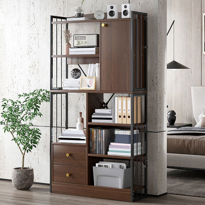 Modern Metal Book Shelf Home Open Back Bookcase with Shelves 31.5"L x 9.4"W x 59.1"H Brown Clearhalo 'Bookcases' 'furn' 'furn_bookcases' 'Furniture' 'Office Furniture' 5759805