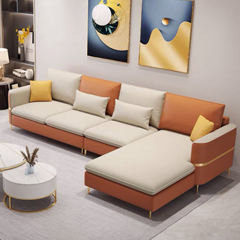 Contemporary 4-Seater Sectional with Square Arms for Living Room Beige Orange Right Clearhalo 'furn' 'furn_sectionals' 'Furniture' 'Living Room Furniture' 'Sectionals' 5765710