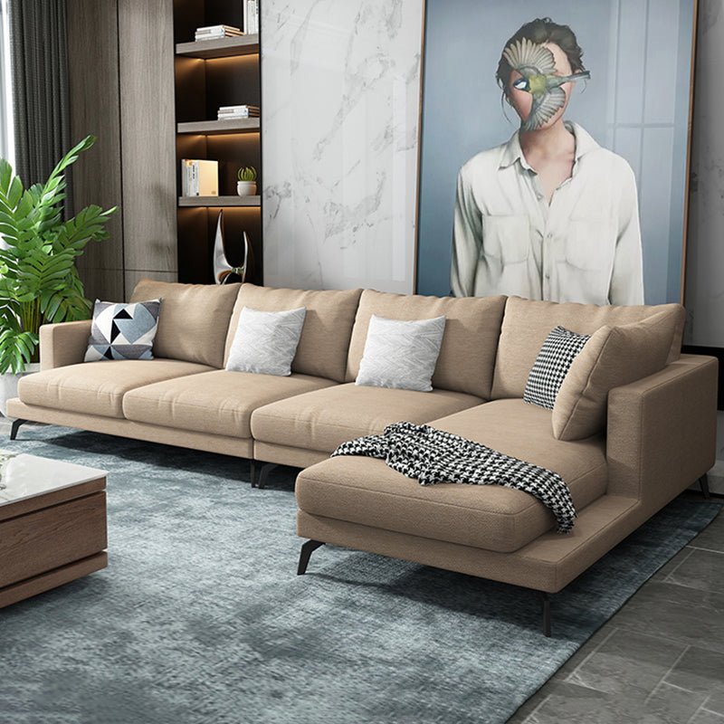 Square 4-Seater Sectional with Pillows Back in Linen Blend L-shape Sectional Khaki Right Clearhalo 'furn' 'furn_sectionals' 'Furniture' 'Living Room Furniture' 'Sectionals' 5765797