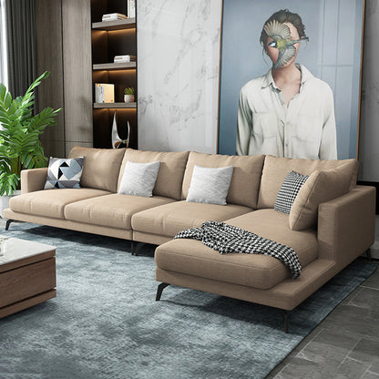Square 4-Seater Sectional with Pillows Back in Linen Blend L-shape Sectional Khaki Right Clearhalo 'furn' 'furn_sectionals' 'Furniture' 'Living Room Furniture' 'Sectionals' 5765797