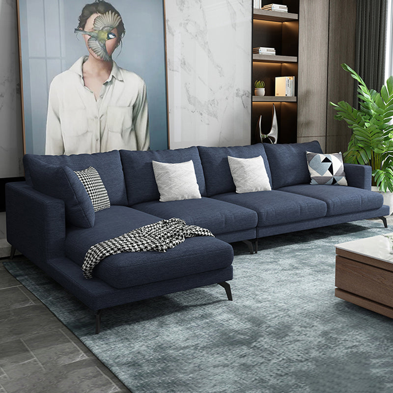 Square 4-Seater Sectional with Pillows Back in Linen Blend L-shape Sectional Dark Blue Left Clearhalo 'furn' 'furn_sectionals' 'Furniture' 'Living Room Furniture' 'Sectionals' 5765804