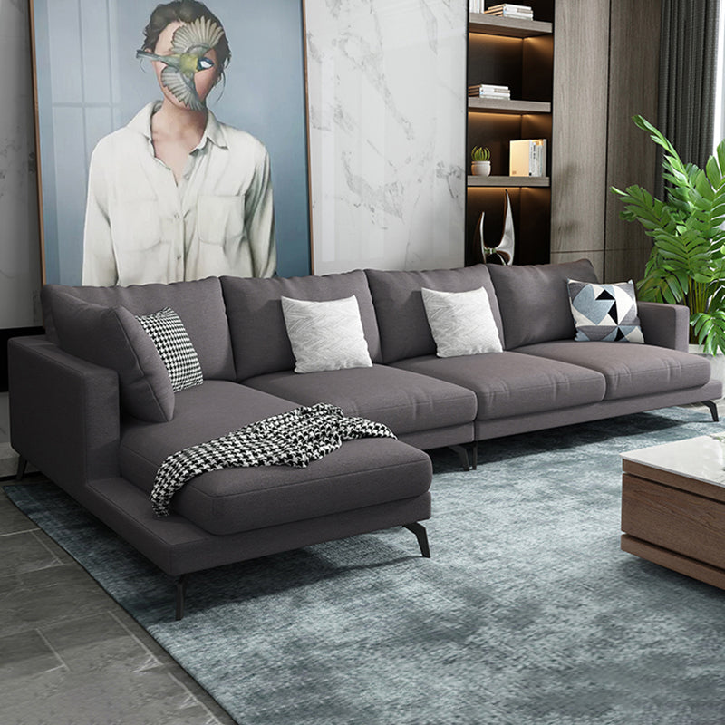 Square 4-Seater Sectional with Pillows Back in Linen Blend L-shape Sectional Dark Gray Left Latex Clearhalo 'furn' 'furn_sectionals' 'Furniture' 'Living Room Furniture' 'Sectionals' 5765806