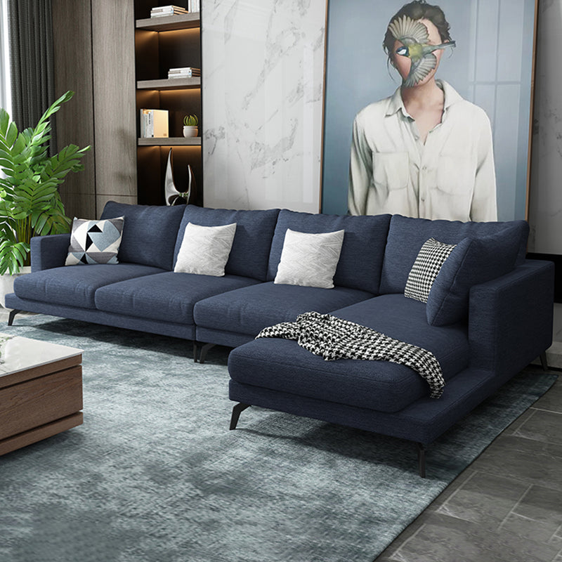 Square 4-Seater Sectional with Pillows Back in Linen Blend L-shape Sectional Dark Blue Right Clearhalo 'furn' 'furn_sectionals' 'Furniture' 'Living Room Furniture' 'Sectionals' 5765813