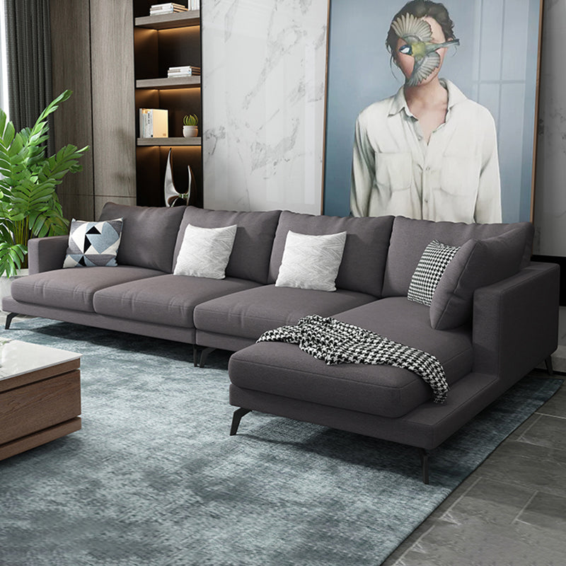 Square 4-Seater Sectional with Pillows Back in Linen Blend L-shape Sectional Dark Gray Right Latex Clearhalo 'furn' 'furn_sectionals' 'Furniture' 'Living Room Furniture' 'Sectionals' 5765814