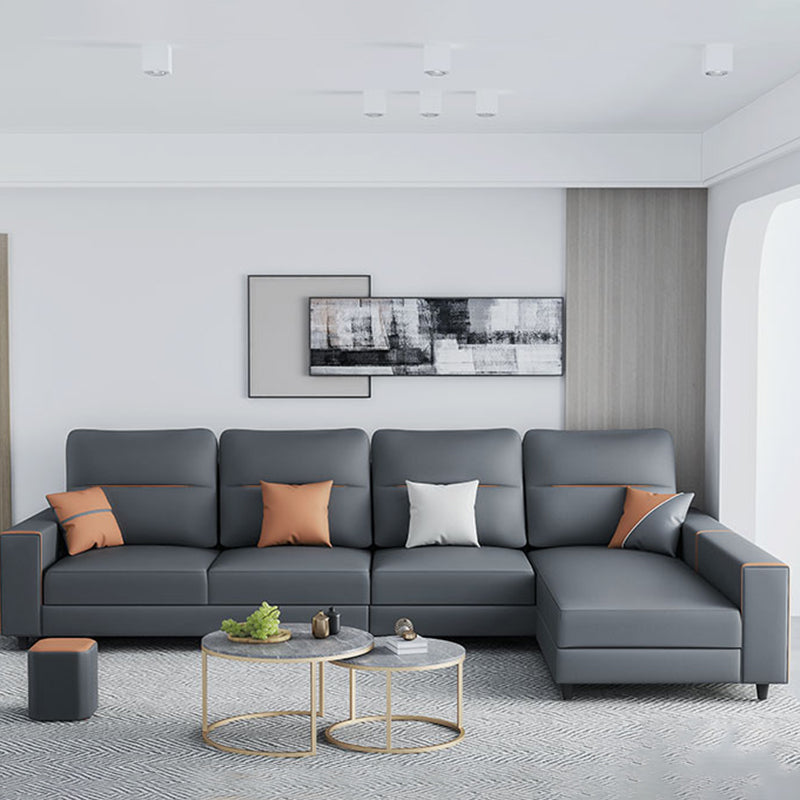 Faux Leather Sectional with 4 Pillows Back and Square Arms for Living Room