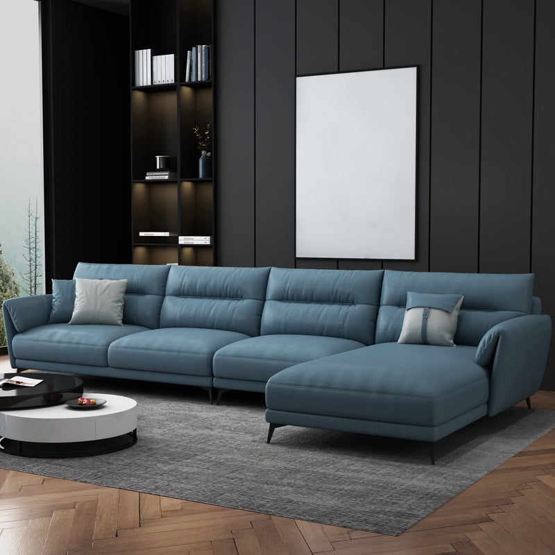 Contemporary 4-Seater Sectional with Pillow Top Arms in Faux Leather Dark Blue Right Clearhalo 'furn' 'furn_sectionals' 'Furniture' 'Living Room Furniture' 'Sectionals' 5765998