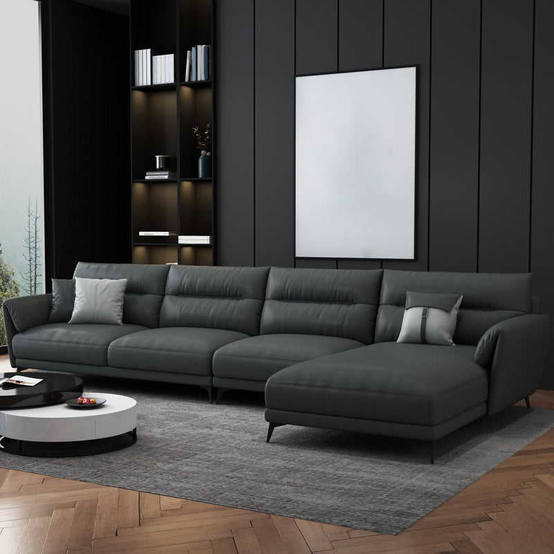Contemporary 4-Seater Sectional with Pillow Top Arms in Faux Leather Dark Gray Right Clearhalo 'furn' 'furn_sectionals' 'Furniture' 'Living Room Furniture' 'Sectionals' 5766011