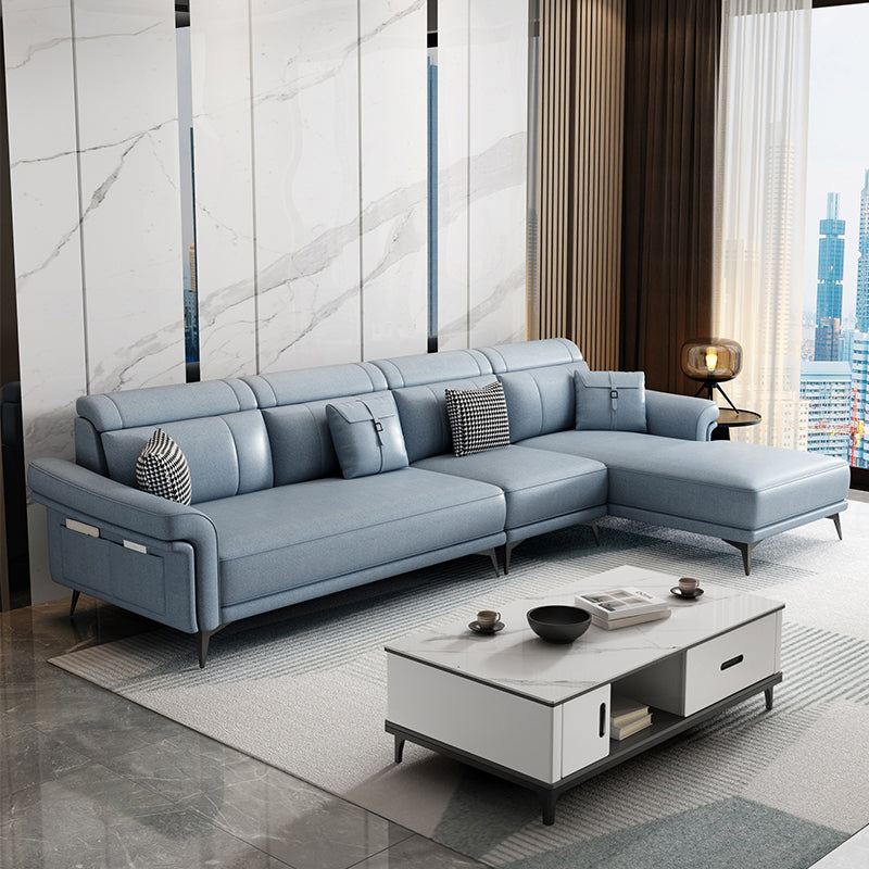 Faux Leather 4-Seater Sectional with Flared Arms and Storage for Living Room Blue Right Clearhalo 'furn' 'furn_sectionals' 'Furniture' 'Living Room Furniture' 'Sectionals' 5766093