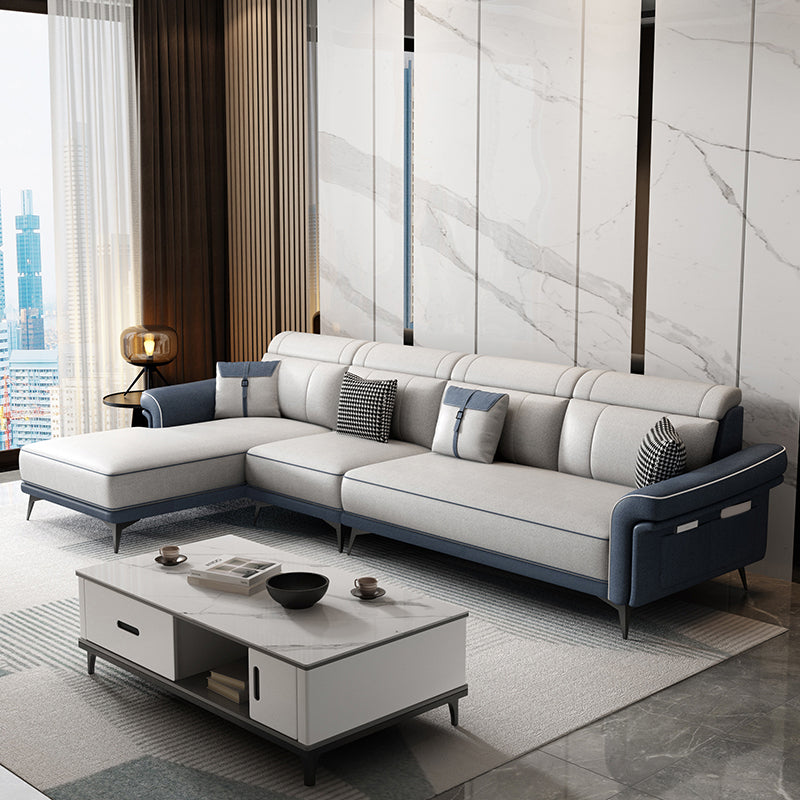 Faux Leather 4-Seater Sectional with Flared Arms and Storage for Living Room Dark Blue-White Left Clearhalo 'furn' 'furn_sectionals' 'Furniture' 'Living Room Furniture' 'Sectionals' 5766105