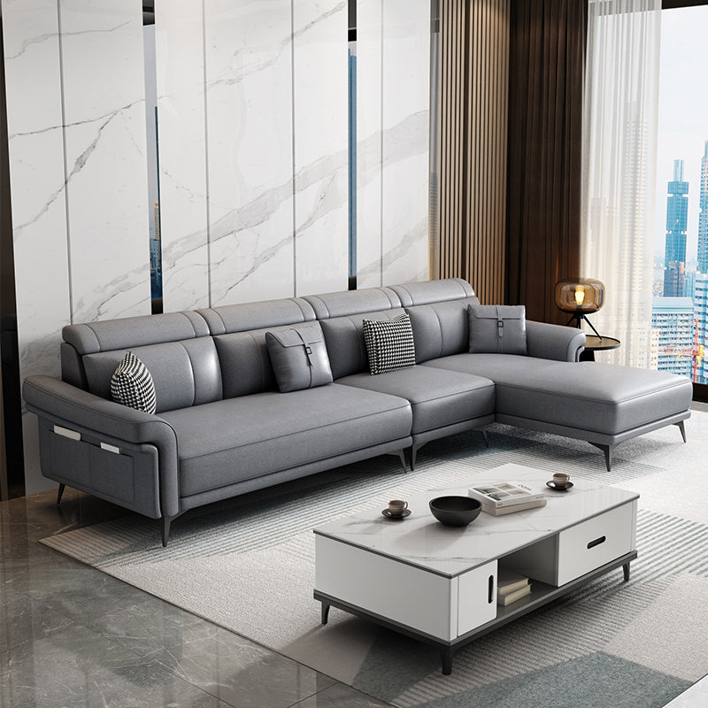 Faux Leather 4-Seater Sectional with Flared Arms and Storage for Living Room Grey Right Clearhalo 'furn' 'furn_sectionals' 'Furniture' 'Living Room Furniture' 'Sectionals' 5766110