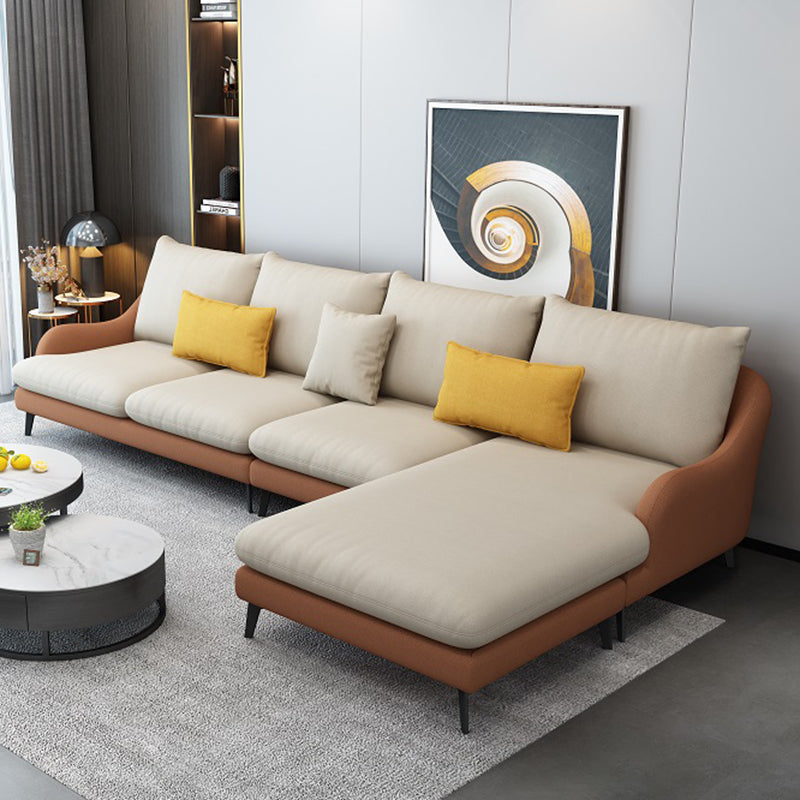 4-Seater L-Shape Sectional with Pillows Back and Slopped Arms Beige Orange Right Clearhalo 'furn' 'furn_sectionals' 'Furniture' 'Living Room Furniture' 'Sectionals' 5766418