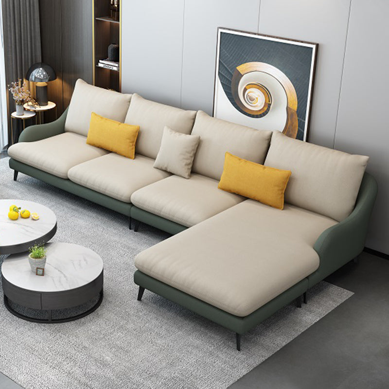 4-Seater L-Shape Sectional with Pillows Back and Slopped Arms Beige-Green Right Clearhalo 'furn' 'furn_sectionals' 'Furniture' 'Living Room Furniture' 'Sectionals' 5766420