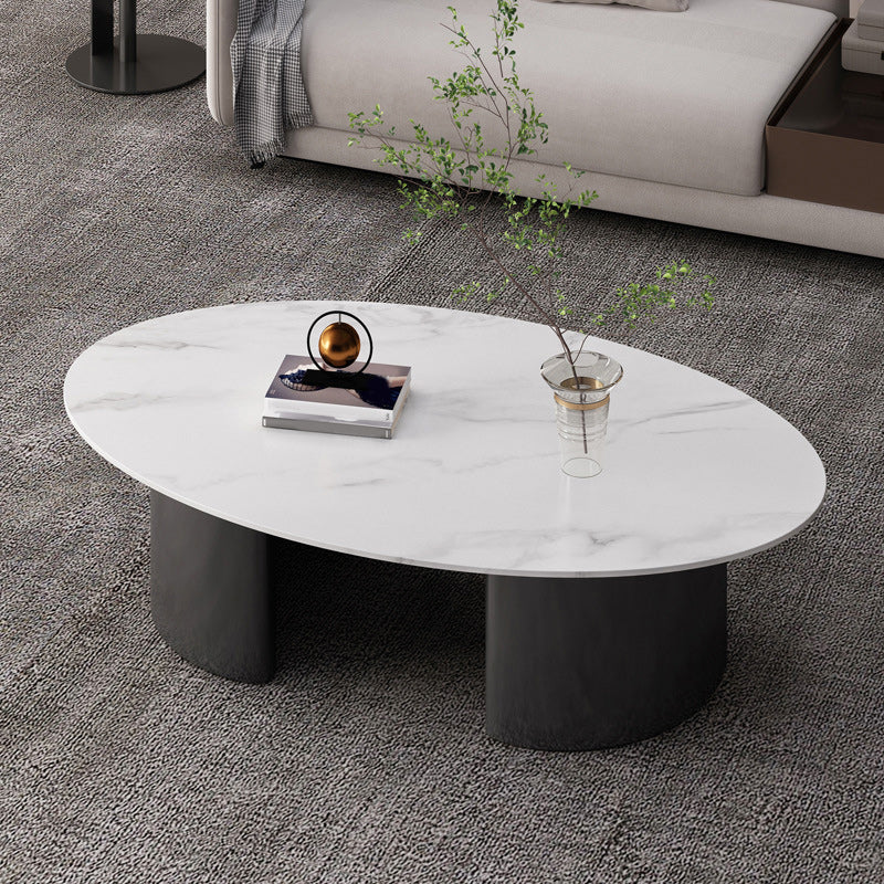 Glam 15.7" H Oval Slate Coffee Table Iron 2 Legs Cocktail Table Matte White Clearhalo 'Coffee & Accent Tables' 'Coffee Tables' 'coffee_tables' 'furn' 'furn_coffee_tables' 'Furniture' 'Living Room Furniture' 5766802