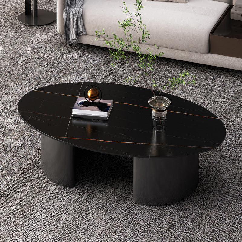 Glam 15.7" H Oval Slate Coffee Table Iron 2 Legs Cocktail Table Matte Black Clearhalo 'Coffee & Accent Tables' 'Coffee Tables' 'coffee_tables' 'furn' 'furn_coffee_tables' 'Furniture' 'Living Room Furniture' 5766803