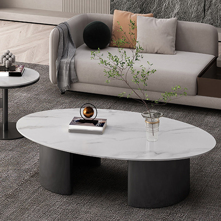 Glam 15.7" H Oval Slate Coffee Table Iron 2 Legs Cocktail Table Gloss White Clearhalo 'Coffee & Accent Tables' 'Coffee Tables' 'coffee_tables' 'furn' 'furn_coffee_tables' 'Furniture' 'Living Room Furniture' 5766810