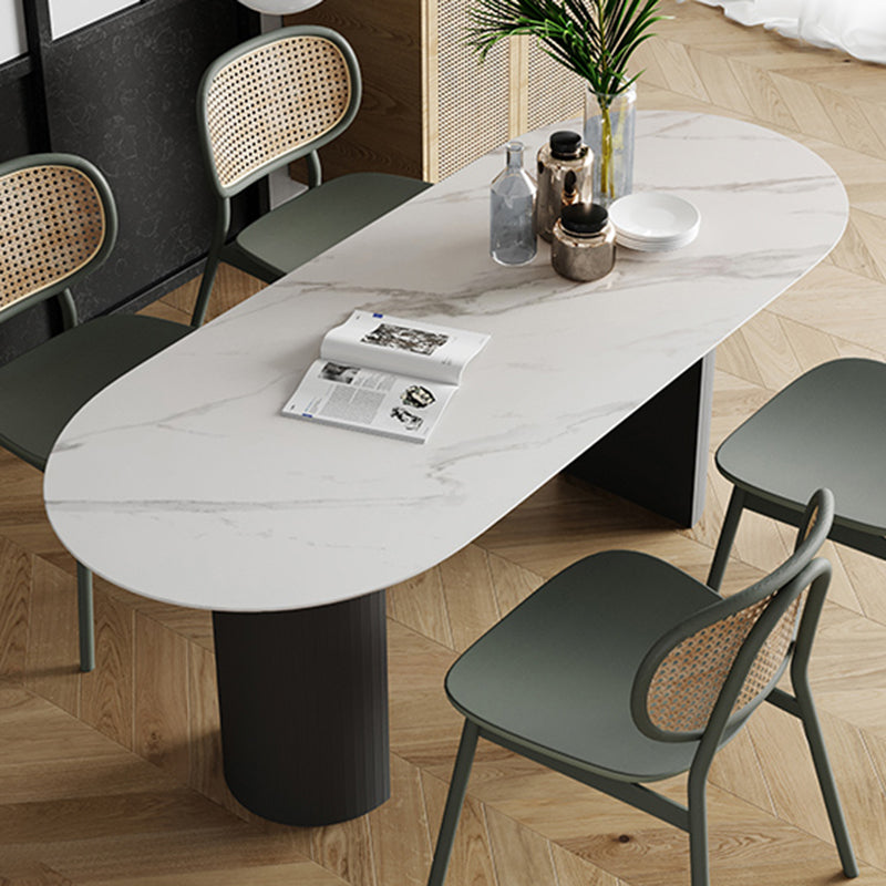 Oval Dining Table Stone Dining Table in White Top with Double Pedestal