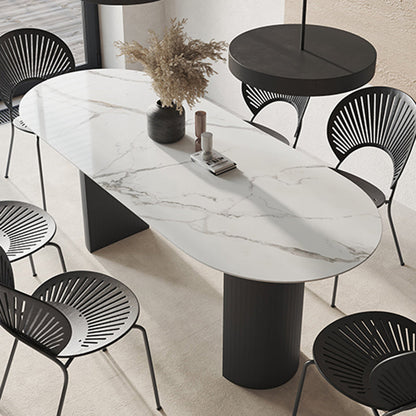 Oval Dining Table Stone Dining Table in White Top with Double Pedestal