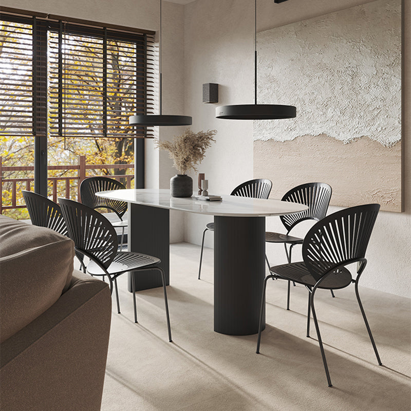 Oval Dining Table Stone Dining Table in White Top with Double Pedestal