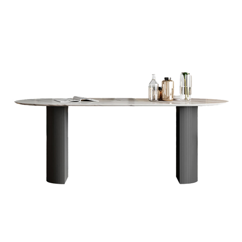 Oval Dining Table Stone Dining Table in White Top with Double Pedestal