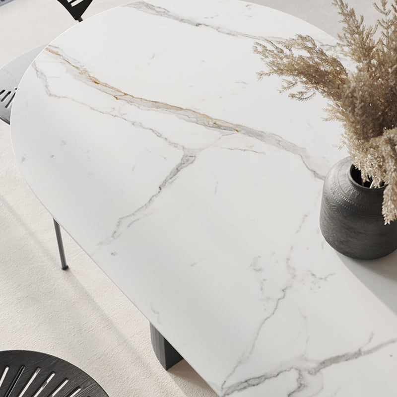 Oval Dining Table Stone Dining Table in White Top with Double Pedestal