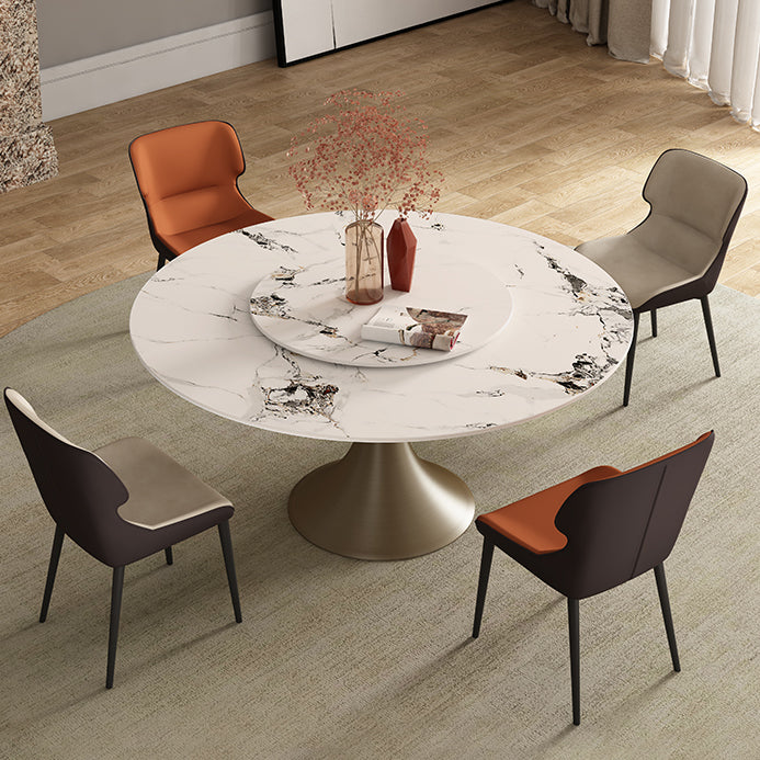 Traditional Luxury Round Table Stone Top Gold Base Dining Table Gloss White 53.1"L x 53.1"W x 29.5"H Without Chairs Clearhalo 'Dining Tables & Seating' 'Dining Tables' 'dining_table' 'furn' 'furn_dining_table' 'Furniture' 'Kitchen & Dining Furniture' 5767285