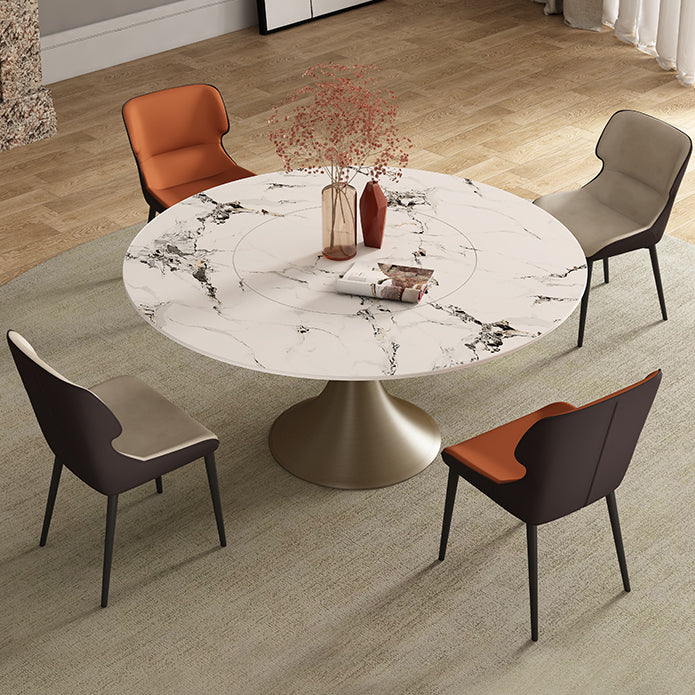 Traditional Luxury Round Table Stone Top Gold Base Dining Table Matte White 53.1"L x 53.1"W x 29.5"H Without Chairs Clearhalo 'Dining Tables & Seating' 'Dining Tables' 'dining_table' 'furn' 'furn_dining_table' 'Furniture' 'Kitchen & Dining Furniture' 5767289