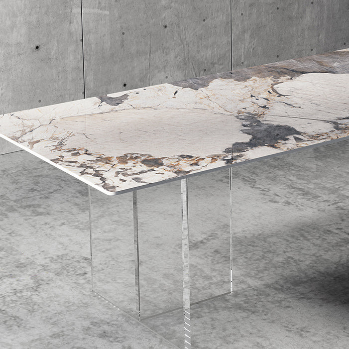 シンプルさ長方形ダイニングテーブル焼結石トップ透明アクリルベーステーブル