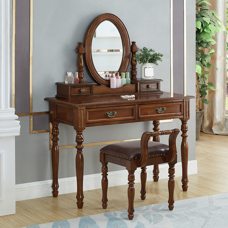 Traditional Solid Wood Vanity Dressing Table With Drawer, Brown Makeup Counter