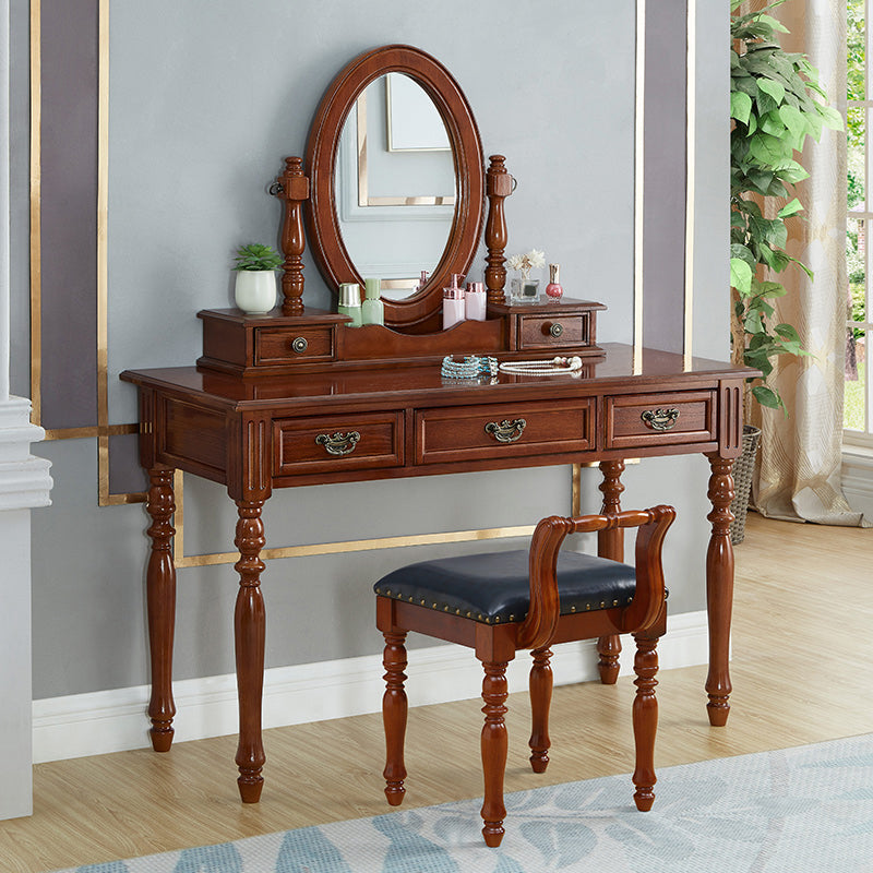 Traditional Solid Wood Vanity Dressing Table With Drawer, Brown Makeup Counter