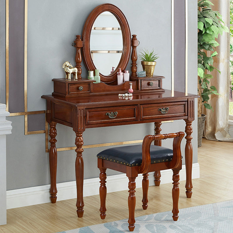 Traditional Solid Wood Vanity Dressing Table With Drawer, Brown Makeup Counter