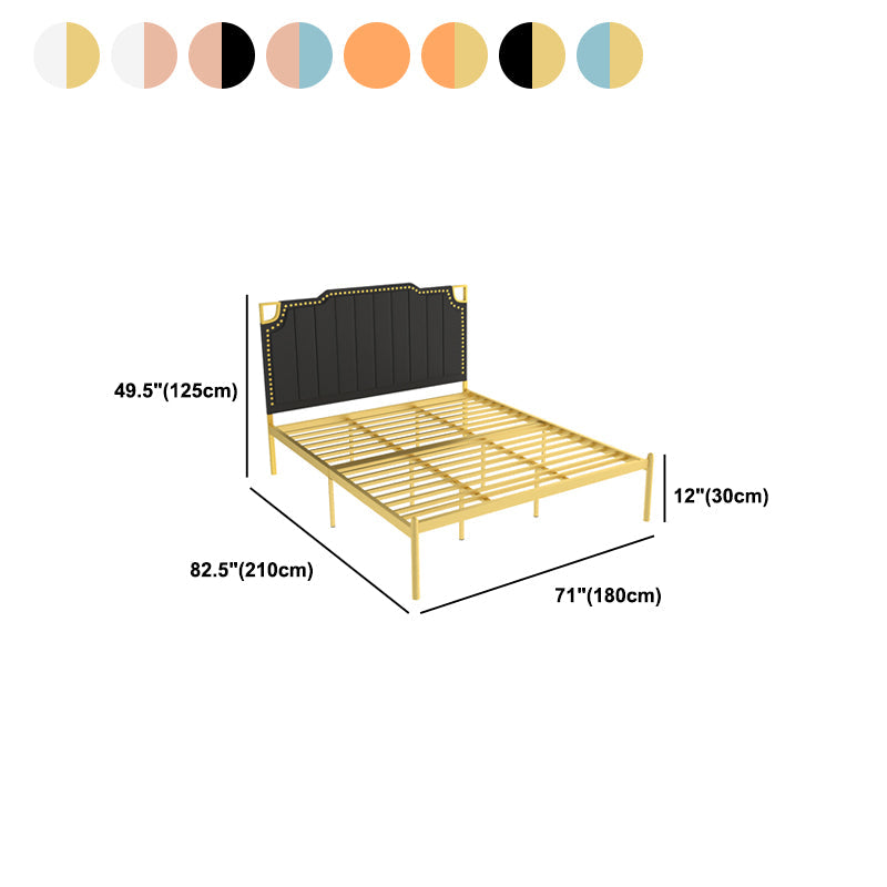 フェイクレザーステップヘッドボードとネイルヘッドトリム付きアイアンベッド