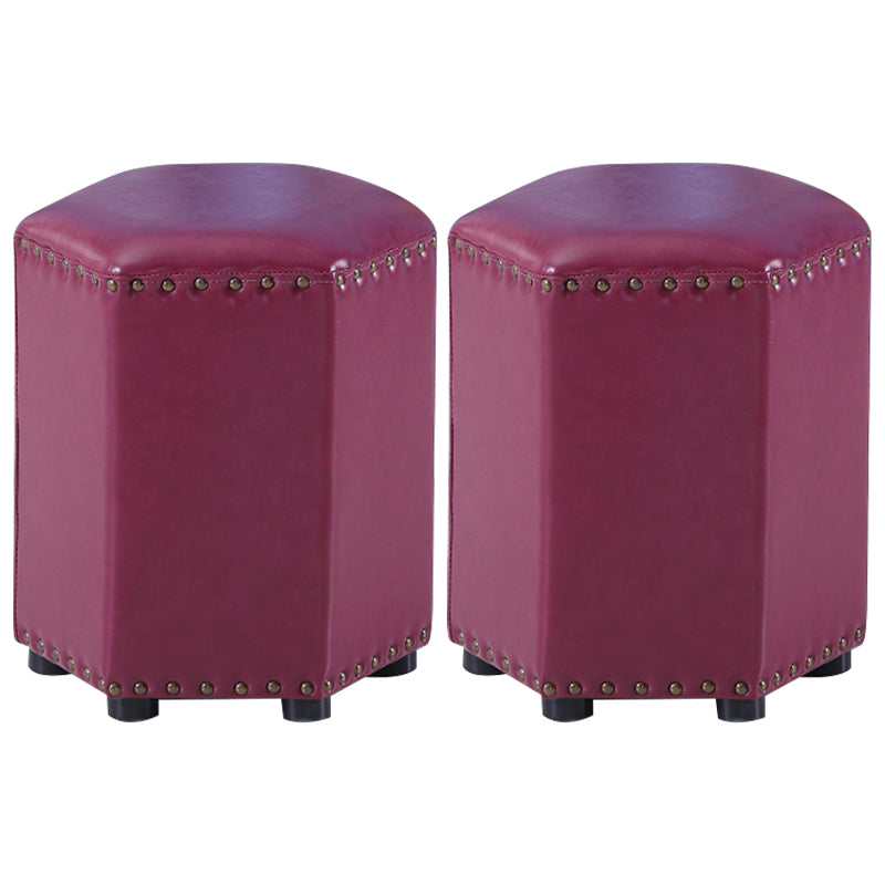 Modern Hexagon Pouf Ottoman Plain Leather Chair Ottoman With Nailhead Trim 13"L x 13"W x 14"H Burgundy 2 Piece Set Clearhalo 'furn' 'furn_ottomans_poufs' 'Furniture' 'Living Room Furniture' 'Ottomans & Poufs' 'ottomans_poufs' 5771148