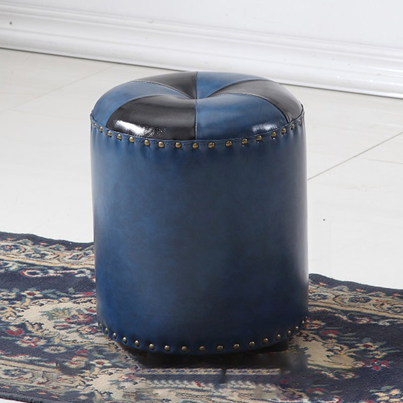 Modern Round Ottoman Color Block Leather Round Ottoman With Nailhead Trim Blue 1 Piece Clearhalo 'furn' 'furn_ottomans_poufs' 'Furniture' 'Living Room Furniture' 'Ottomans & Poufs' 'ottomans_poufs' 5771316