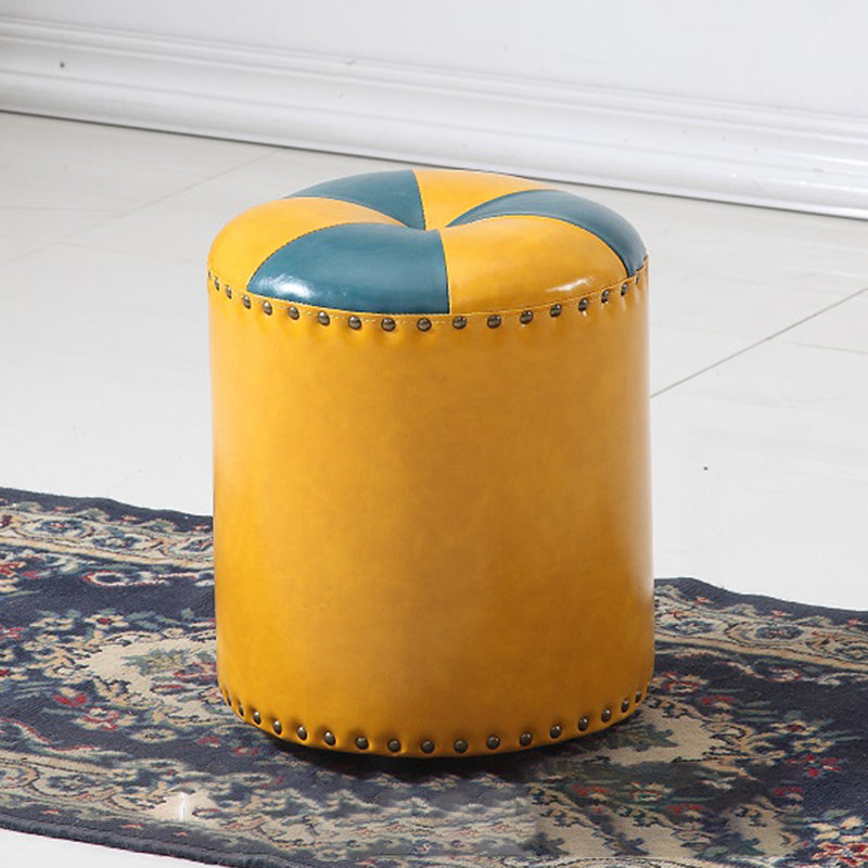 Modern Round Ottoman Color Block Leather Round Ottoman With Nailhead Trim Yellow 1 Piece Clearhalo 'furn' 'furn_ottomans_poufs' 'Furniture' 'Living Room Furniture' 'Ottomans & Poufs' 'ottomans_poufs' 5771321