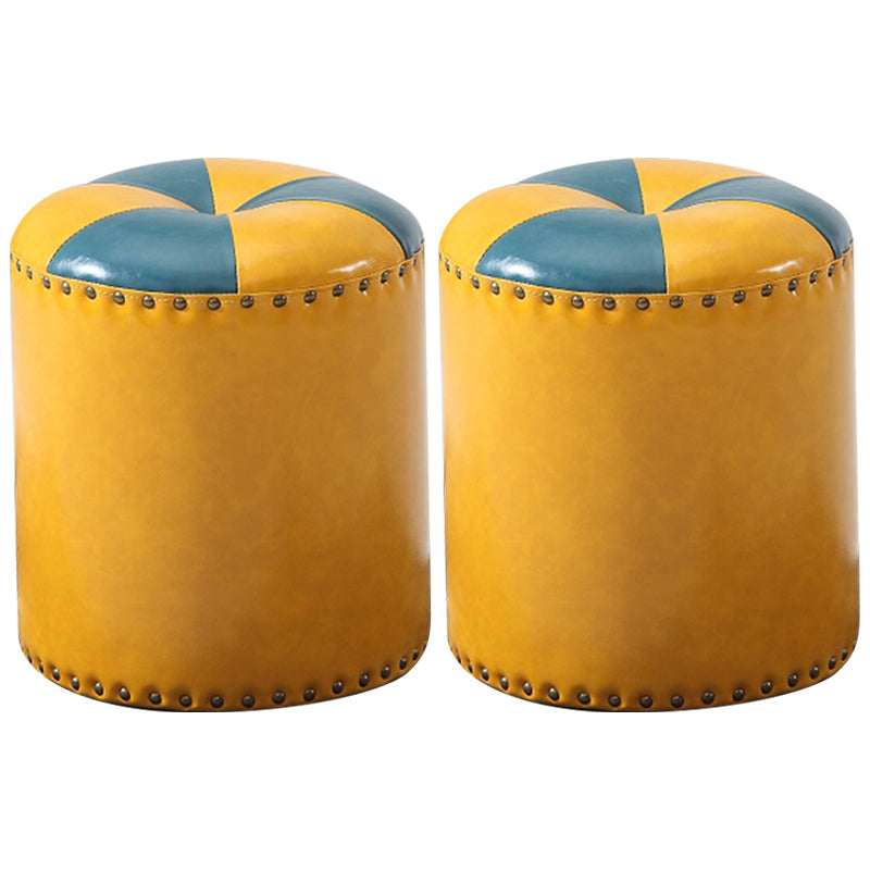 Modern Round Ottoman Color Block Leather Round Ottoman With Nailhead Trim Yellow 2 Piece Set Clearhalo 'furn' 'furn_ottomans_poufs' 'Furniture' 'Living Room Furniture' 'Ottomans & Poufs' 'ottomans_poufs' 5771324