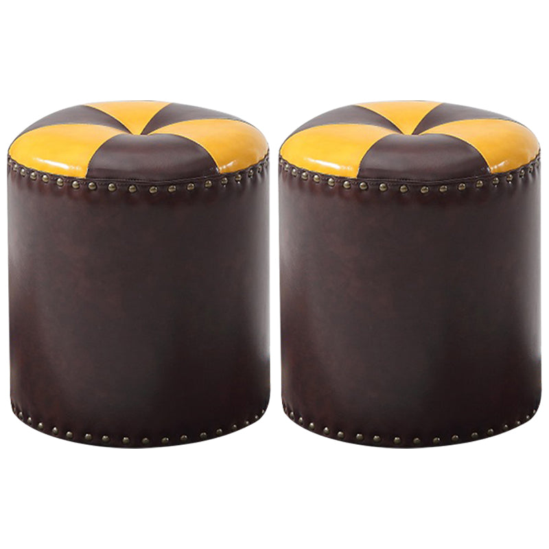Modern Round Ottoman Color Block Leather Round Ottoman With Nailhead Trim Coffee 2 Piece Set Clearhalo 'furn' 'furn_ottomans_poufs' 'Furniture' 'Living Room Furniture' 'Ottomans & Poufs' 'ottomans_poufs' 5771336