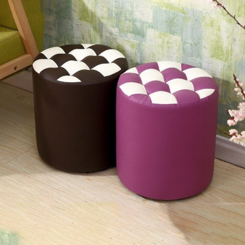 Ottoman Round Faux Leather Plaid Print Modern Tufted Tufted Ottoman