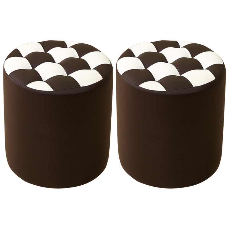 Ottoman Round Faux Leather Plaid Print Modern Tufted Tufted Ottoman