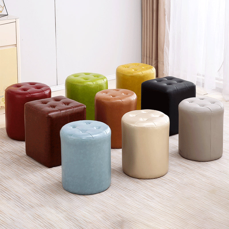 Mid-Century Modern Ottoman Water Resistant Solid Color Tufted Genuine Leather Cube Ottoman
