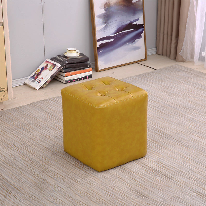 Mid-Century Modern Ottoman Water Resistant Solid Color Tufted Genuine Leather Cube Ottoman